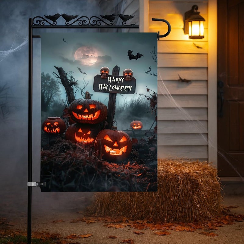 KarvePro Happy Halloween Garden Flag 12x18 – Double Sided Burlap Fall Outdoor Flag with Jack-o'-Lanterns, Skulls, Bats & Graveyard Scene - Image 2